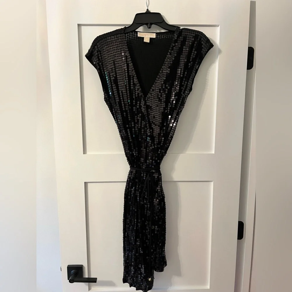 Michael Kors Black Sequin Wrap Dress (Size: M) - Picture 2 of 8
